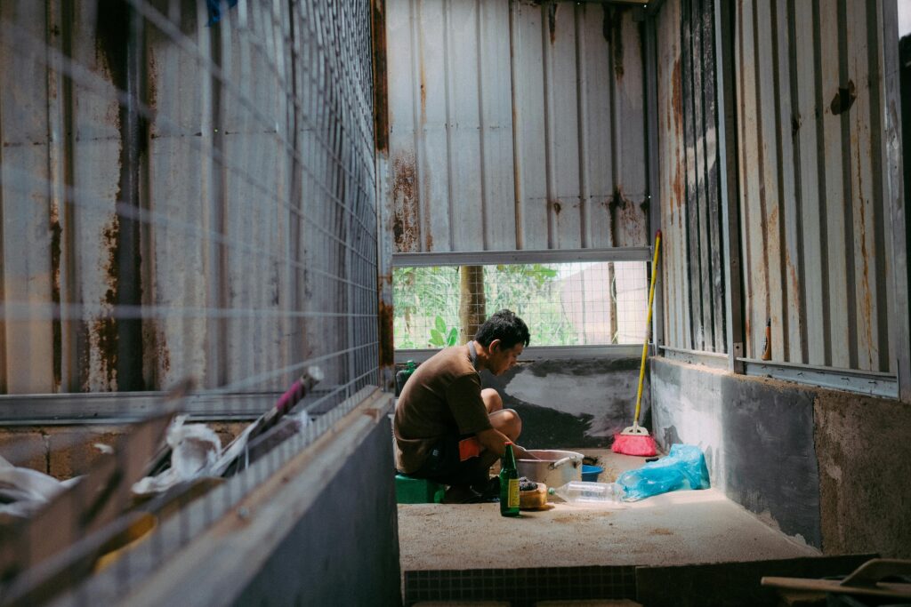 Metal shed used as workshop